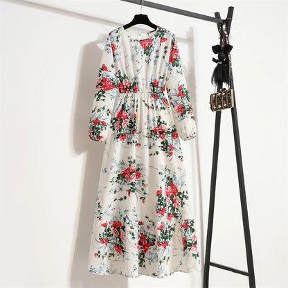 Spring Summer Women Maxi Dresses Casual Full Sleeve Floral Printed O-neck Woman Bohe Beach Party Long Dress Mujer Vestidos