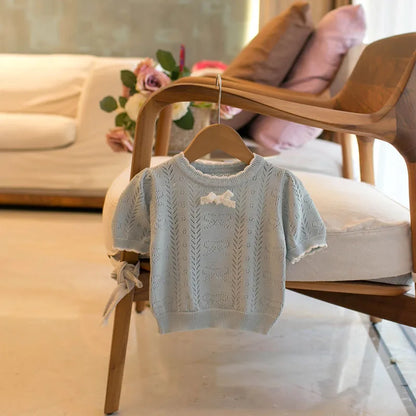 MILANCEL New Summer Kids Knitted Short Sleeves 1-5T Cute Color Blocking Bow Girls Hollow Out T-shirt Children Sweet Outwear Tops