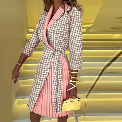 Women’s Wrap Dress Pleated Contrast Panel Midi Style