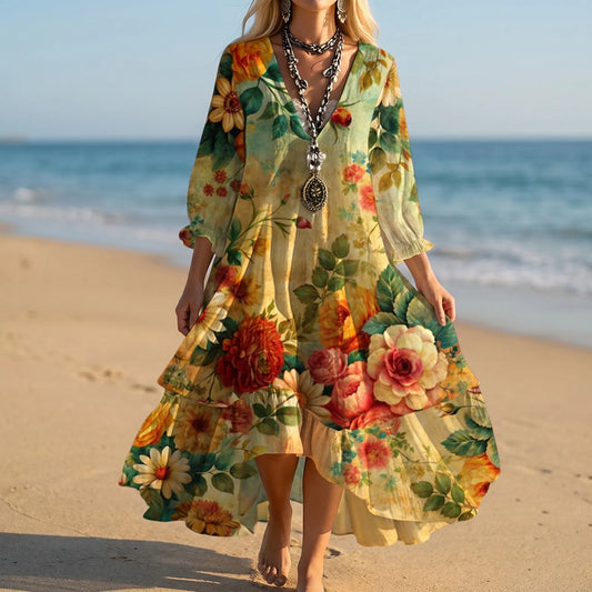 Fione - Floral Summer Dress with V-Neck and Tiered Hem