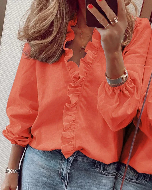 Women Elegant Ruffle Trim Wrap Blouse