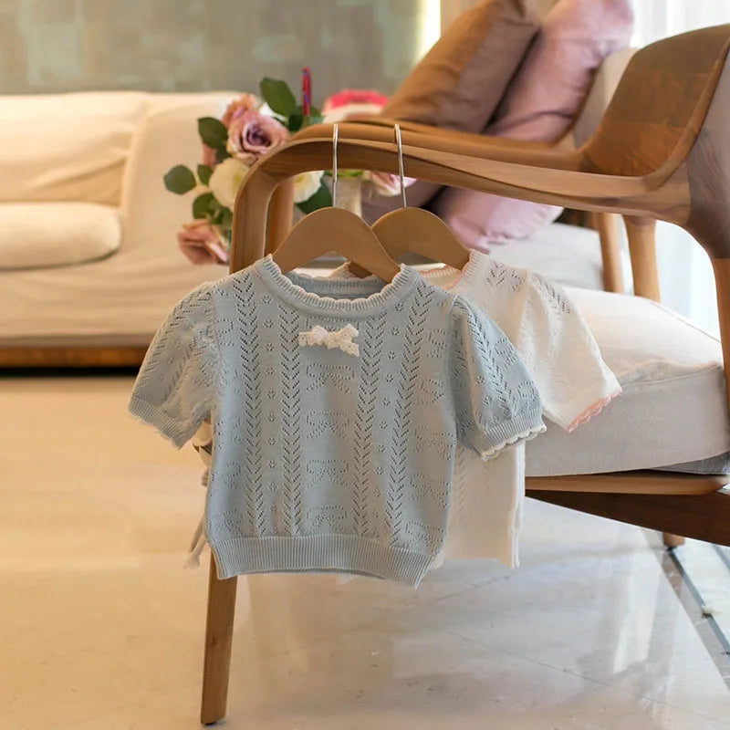 MILANCEL New Summer Kids Knitted Short Sleeves 1-5T Cute Color Blocking Bow Girls Hollow Out T-shirt Children Sweet Outwear Tops