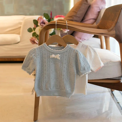 MILANCEL New Summer Kids Knitted Short Sleeves 1-5T Cute Color Blocking Bow Girls Hollow Out T-shirt Children Sweet Outwear Tops