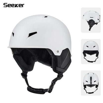 Hvid Seeker skihjelm med justerbar rem, ventilationshuller og polstret indre. Perfekt til vintersport og sikkerhed på pisterne.
