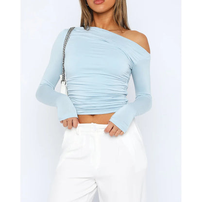 Women’s Off-Shoulder Ruched Long Sleeve Top – Fitted Silhouette