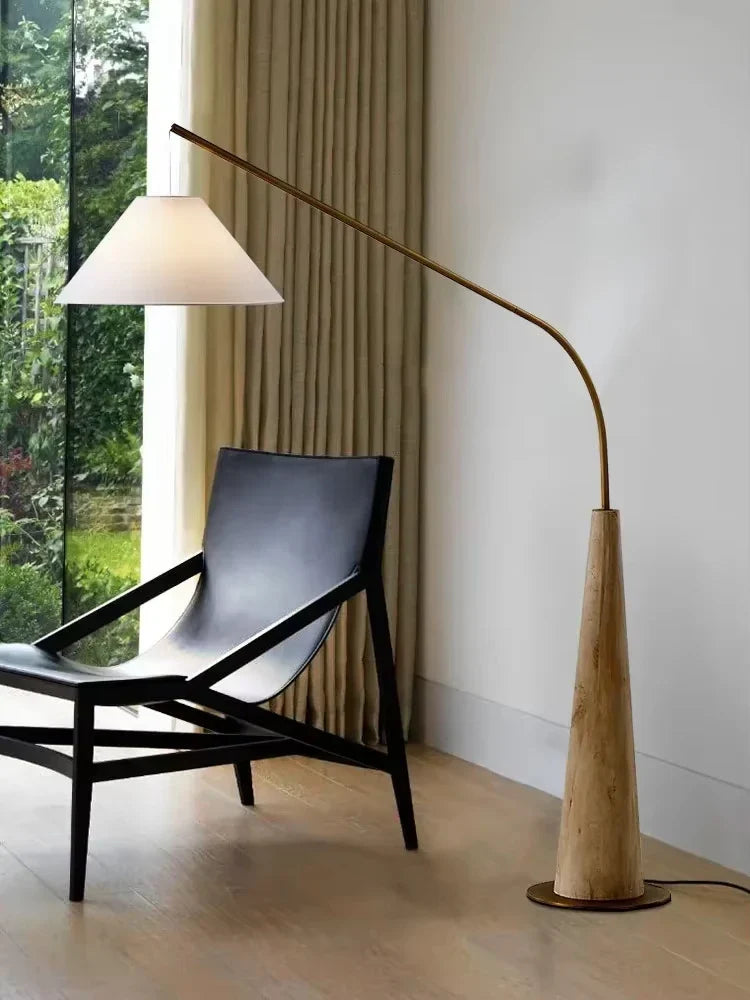 LumiArc – Luxe Houten Boogvloerlamp met Stoffen Kap