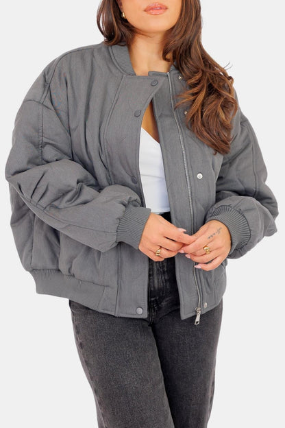Samara – Oversized Quilted Bomber Jacket in Grey