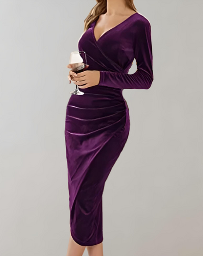 Samtkleid Damen Wickeloptik | Elegantes Midi Abendkleid