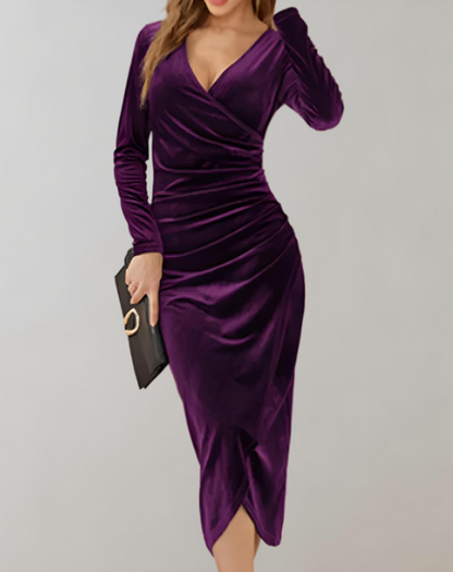 Samtkleid Damen Wickeloptik | Elegantes Midi Abendkleid