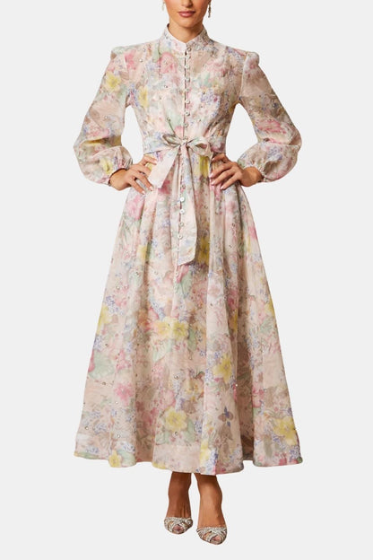 Sana - Balloon Sleeve Floral Print Long Dress
