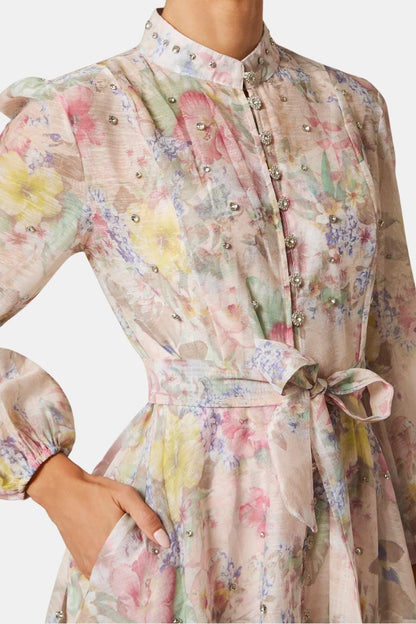 Sana - Balloon Sleeve Floral Print Long Dress