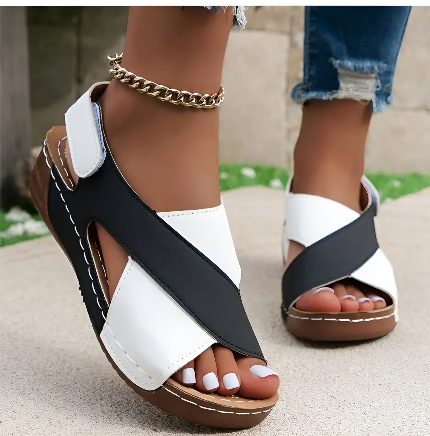 Sandali Ortopedici Donna | Bicolore con Zeppa & Cinturino Slingback