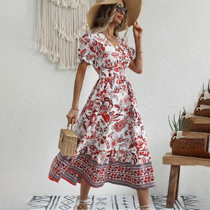 Sandra | Women Summer Maxi Dress Floral Print V-Neck Button Front Short Sleeve