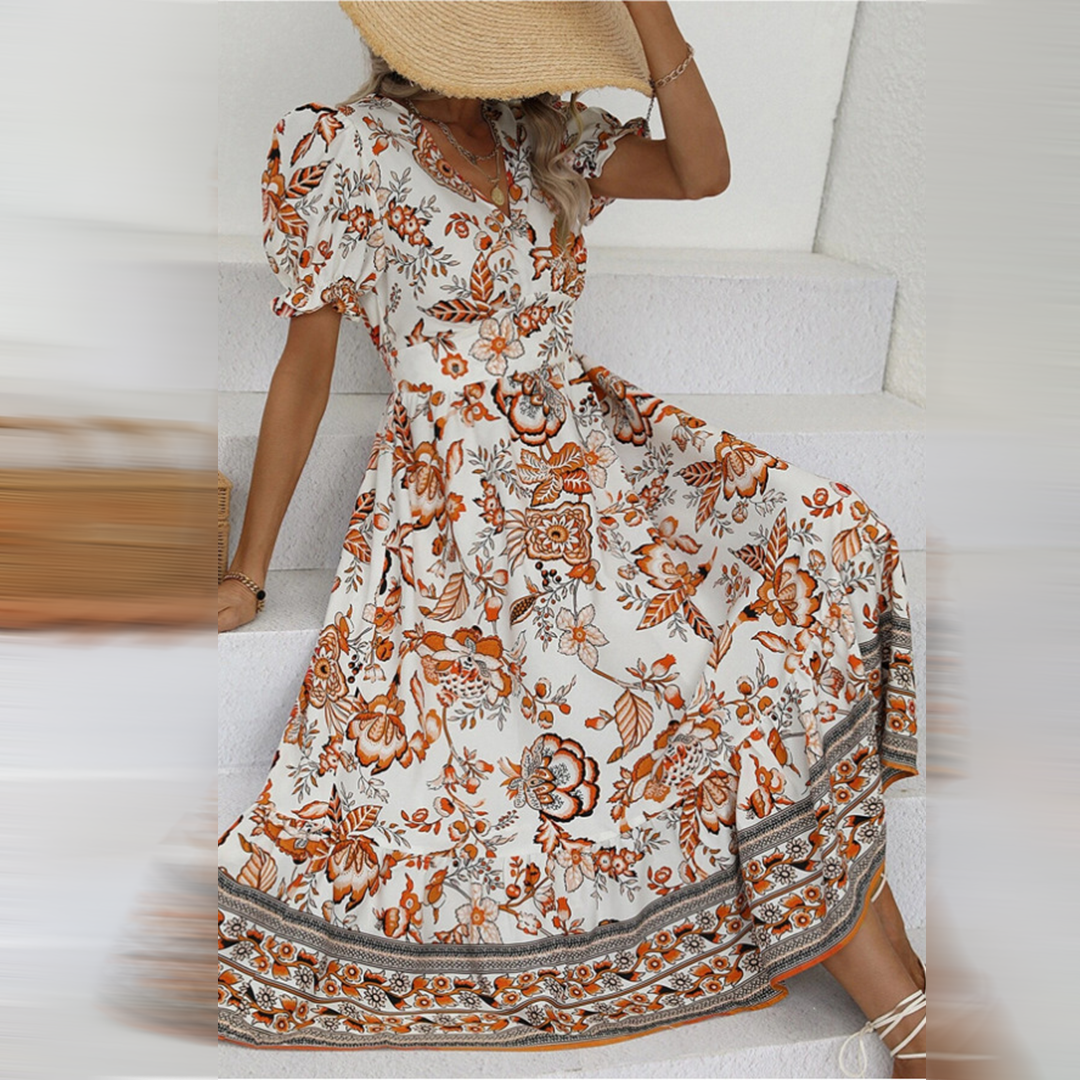 Sandra | Women Summer Maxi Dress Floral Print V-Neck Button Front Short Sleeve