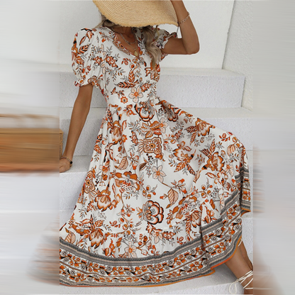 Sandra | Women Summer Maxi Dress Floral Print V-Neck Button Front Short Sleeve