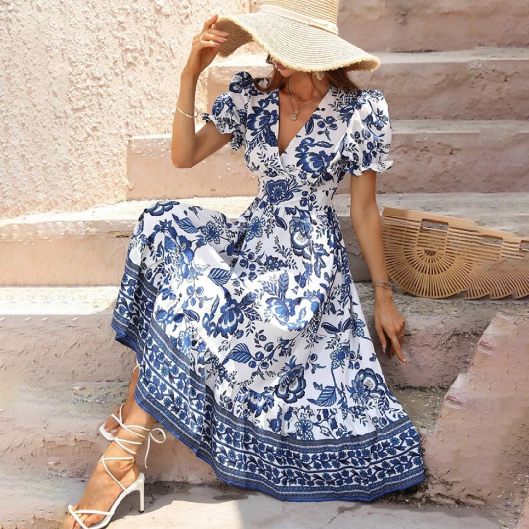 Sandra | Women Summer Maxi Dress Floral Print V-Neck Button Front Short Sleeve