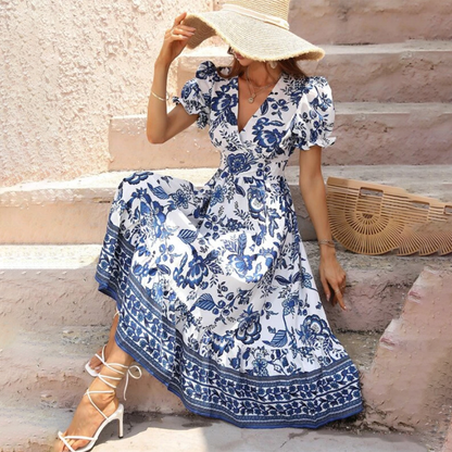 Sandra | Women Summer Maxi Dress Floral Print V-Neck Button Front Short Sleeve