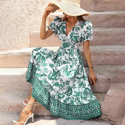 Sandra | Women Summer Maxi Dress Floral Print V-Neck Button Front Short Sleeve