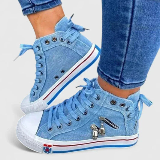 Freya | Women's Denim High Top Lace-Up Sneakers with Side Zip