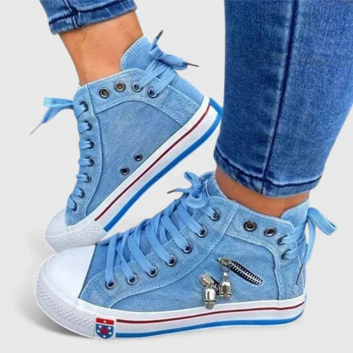 Women's Denim High Top Lace-Up Sneakers with Side Zip