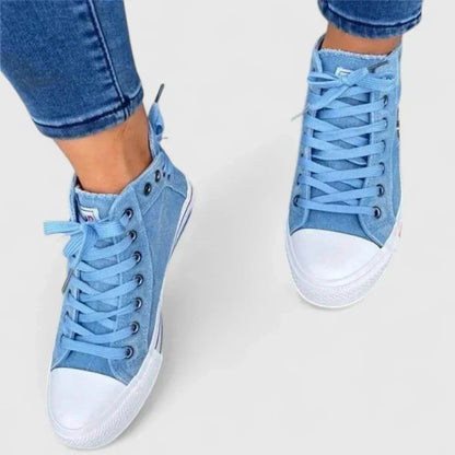 Women's Denim High Top Lace-Up Sneakers with Side Zip