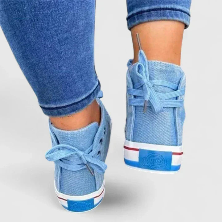 Freya | Women's Denim High Top Lace-Up Sneakers with Side Zip
