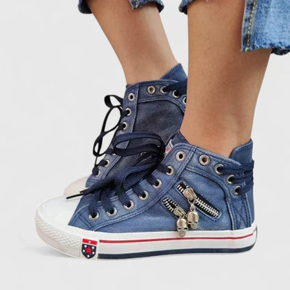 Women's Denim High Top Lace-Up Sneakers with Side Zip