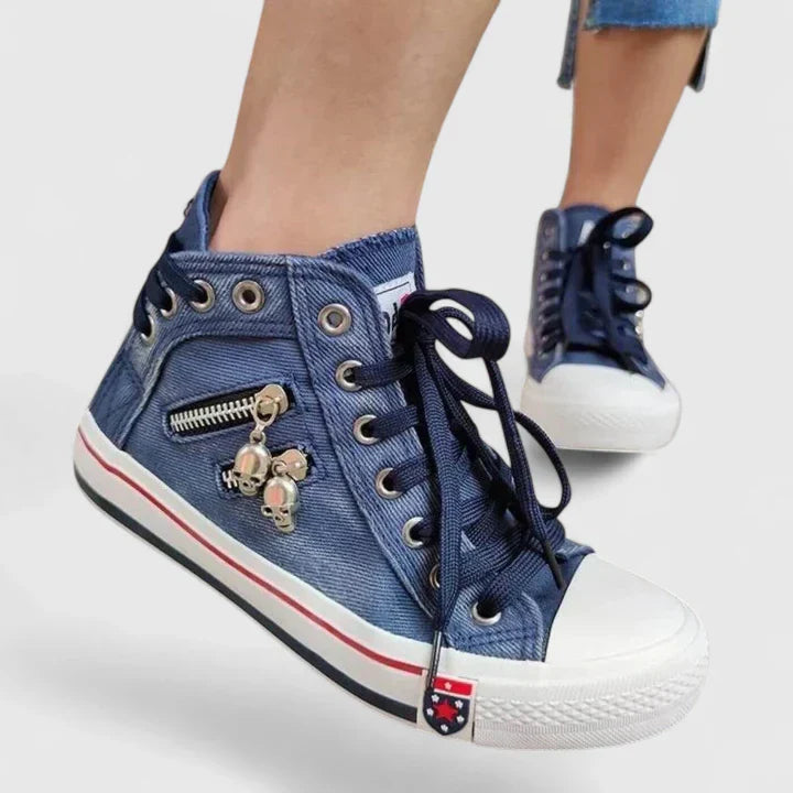 Women's Denim High Top Lace-Up Sneakers with Side Zip