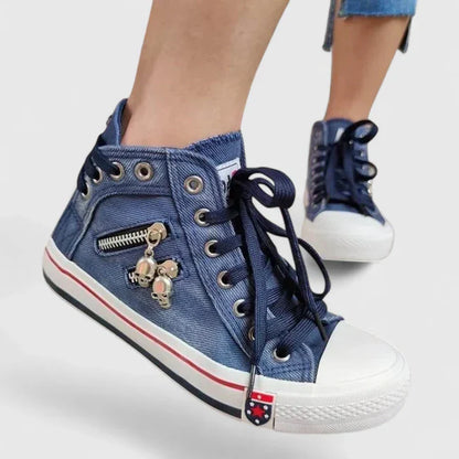 Women's Denim High Top Lace-Up Sneakers with Side Zip
