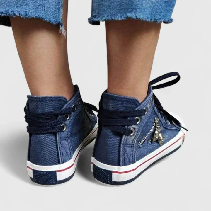 Women's Denim High Top Lace-Up Sneakers with Side Zip