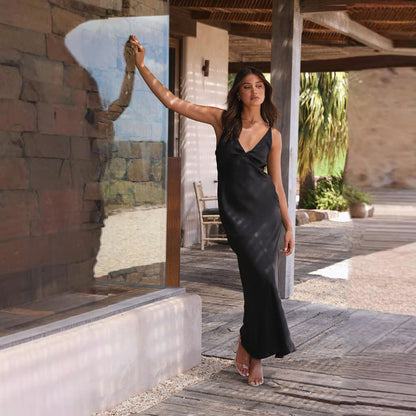 Satin Look Maxi Dress Women – Sleeveless Cut & Full-Length Shape