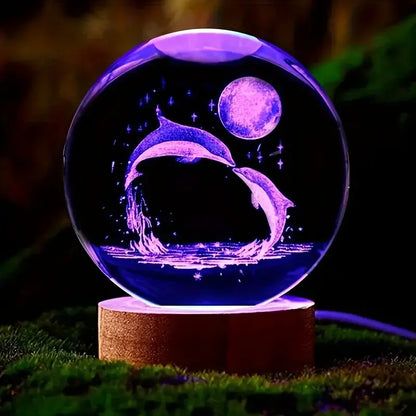 Mariluna Kristallen Bol Dolfijn | 3D-Lasergravure & LED-Basis | Maan- & Zee Motief
