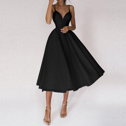 Women’s Midi Dress Flared Skirt Structured Bodice Strap Detail