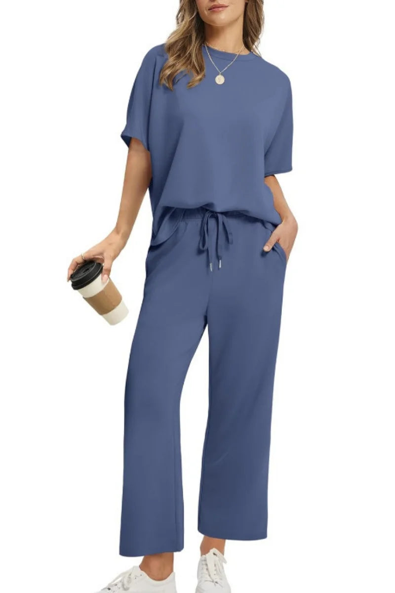 Damespak met korte mouwen, casual zeven-achths-broek, broek met wijde pijpen, 2025, nieuwe zomer dames