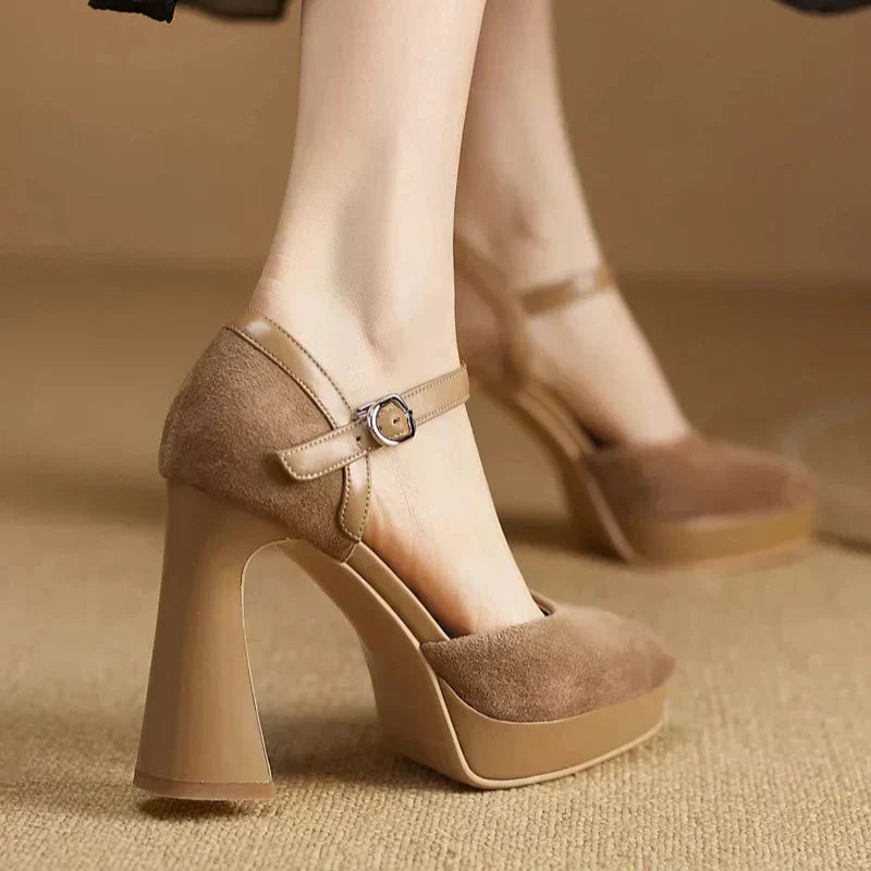 Women's Platform Block Heel Pumps Ankle Strap High Heels