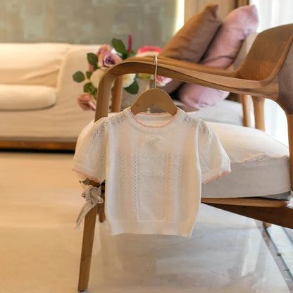 MILANCEL New Summer Kids Knitted Short Sleeves 1-5T Cute Color Blocking Bow Girls Hollow Out T-shirt Children Sweet Outwear Tops