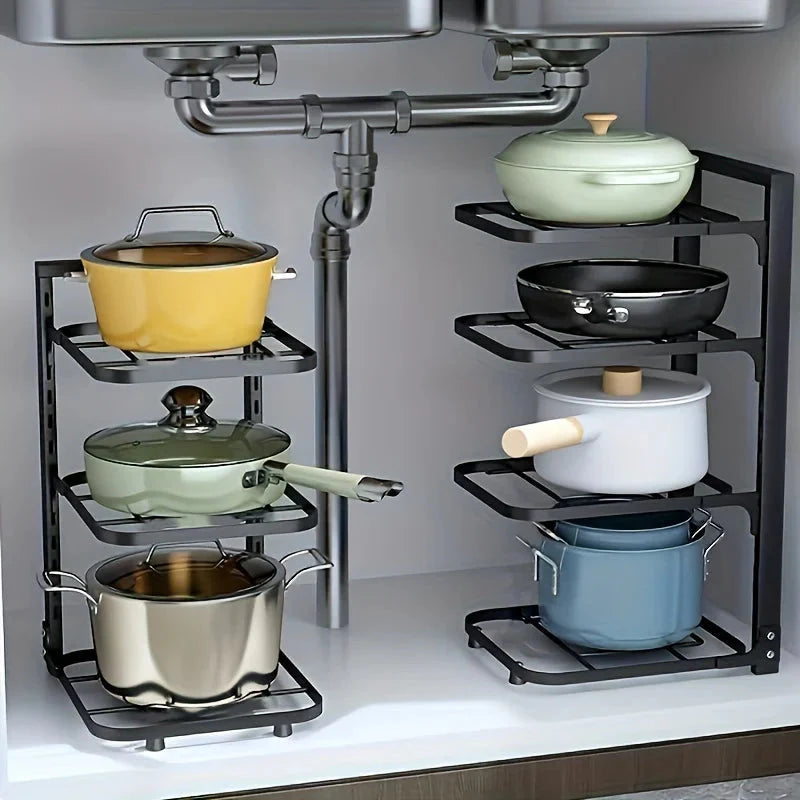 Verstelbare Pottenrek Organizer, Keuken Roestvrijstalen Pot Opbergrek, Meerlaagse Huishoudelijke Pot en Pan Organizer voor Keuken Zorenza