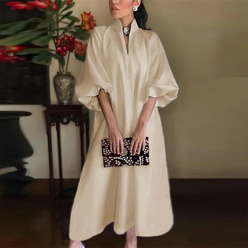 Robe Maxi Élégante Femme Col V – Coupe A avec Manches Lanterne