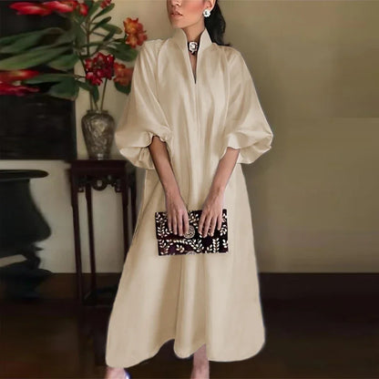 Robe Maxi Élégante Femme Col V – Coupe A avec Manches Lanterne