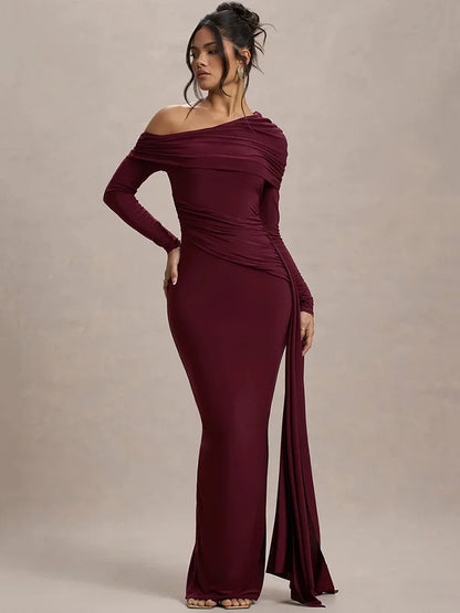 Evangeline Off-Shoulder Ruched Evening Gown
