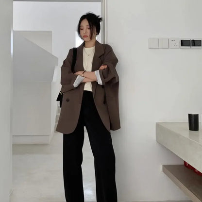 Vintage Blazer for Dame – Løs Dobbelspent Dressjakke med Lange Ermer | Elegant & Trendy Høststil 2025