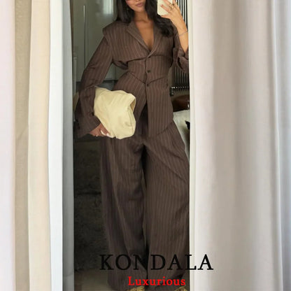 KONDALA Office Lady Chic Brown Suits V Neck Striped Loose Blazer High Waist Wide Leg Pants Fashion 2025 Fall Casual WOmen Suits