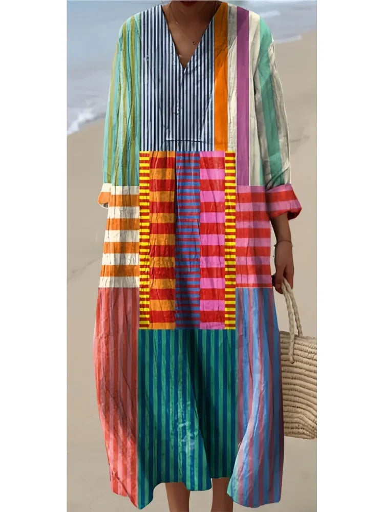 Boho Print V-Neck Long Sleeve Dress