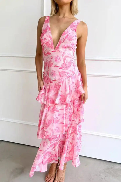 Lisa | Robe Midi Floral Corail – Élégance Fluide et Romantique
