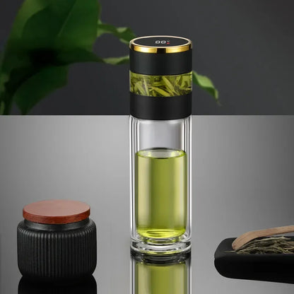 ThermoBrew | Isolerende fles met LED-temperatuurindicator & theefilter | 450 ml | Roestvrij staal 304 | Zwart