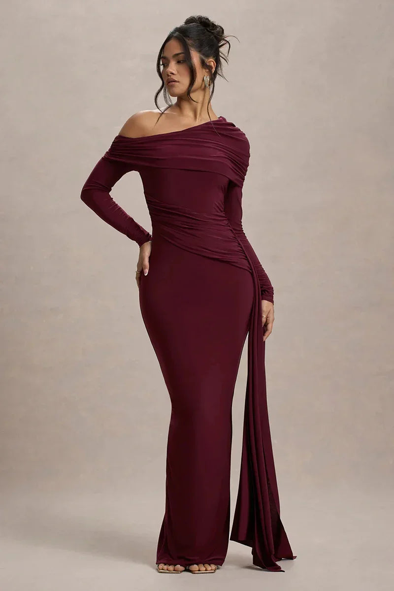Evangeline Off-Shoulder Ruched Evening Gown