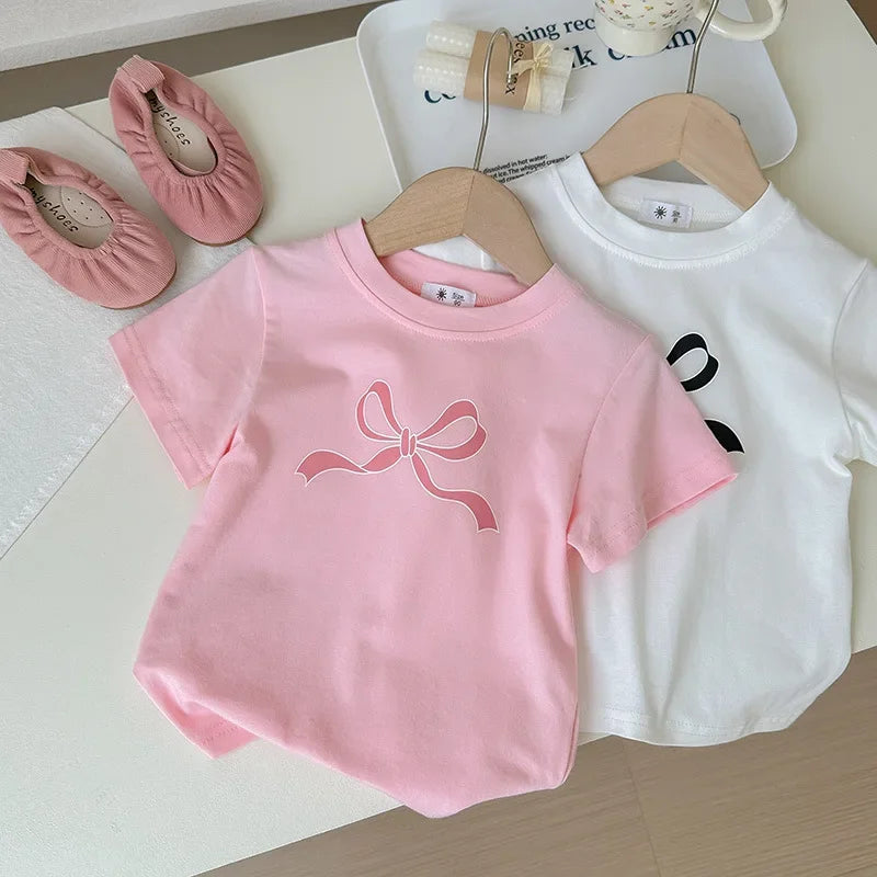 T-shirt Tops Baby Casual Korean Version of the Spring and Summer Girls Short Sleeve T-shirt Bow Children's