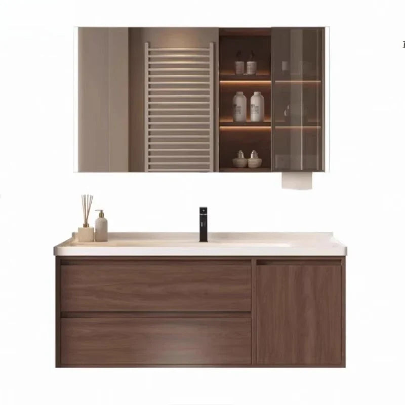 Modern style integrated walnut ceramic basin bathroom cabinet waterproof vanity