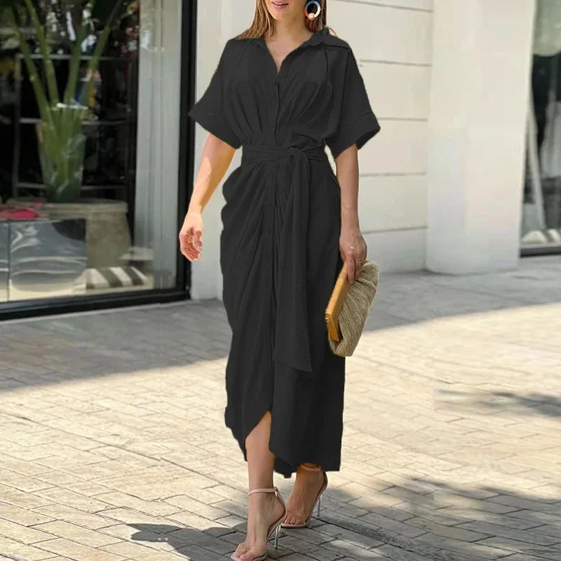 Robe femme midi imprimée ceinturée col chemise manches courtes élégante chic