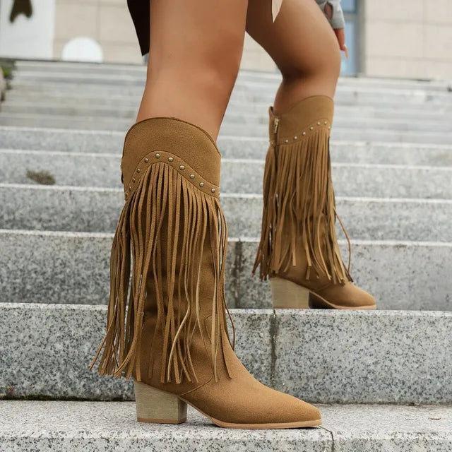 Suede Tassel Western Boots with Studded Detailing for Spring